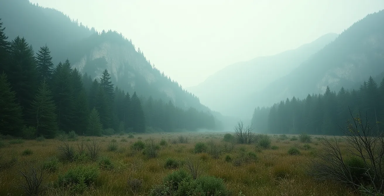 Wide landscape showing balanced ecosystem with predator presence affecting herbivore behavior and vegetation