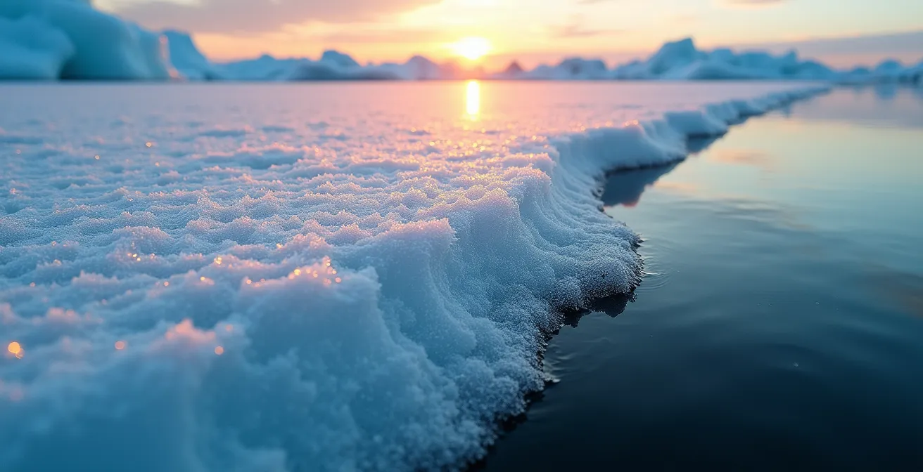 Aerial view showing stark contrast between white ice reflecting sunlight and dark ocean water absorbing it