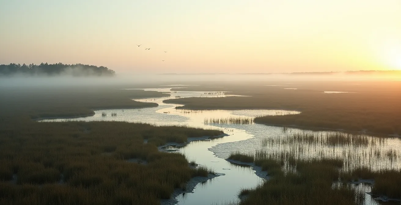 Wide landscape showing diverse ecosystem restoration projects from aerial perspective