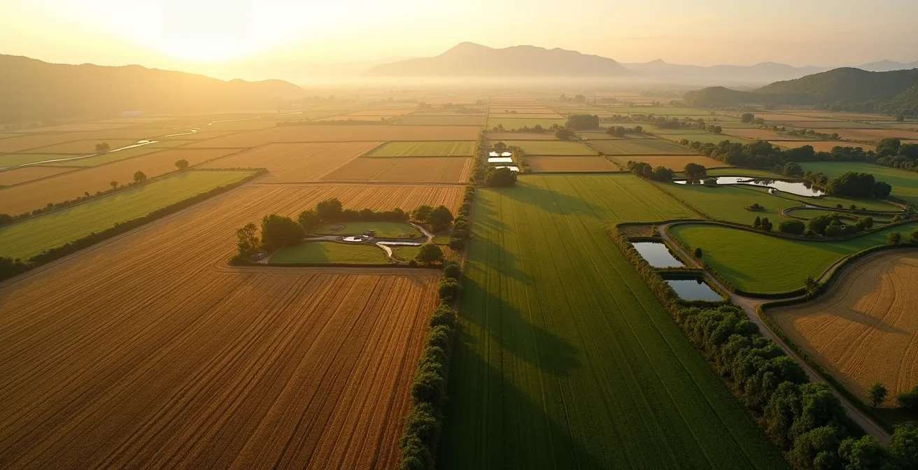 Aerial view of sustainable agricultural landscape showing integrated biodiversity monitoring technology