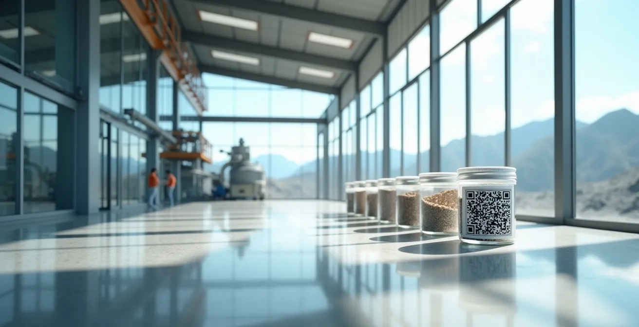 Visual representation of blockchain technology tracking minerals through multiple supply chain stages from mine to battery manufacturing