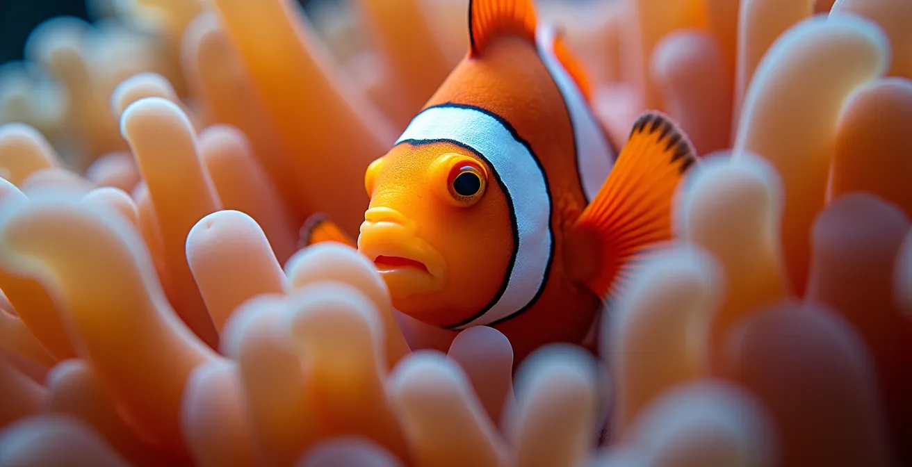 Extreme close-up of clownfish nestled within sea anemone tentacles showing protective mucus layer
