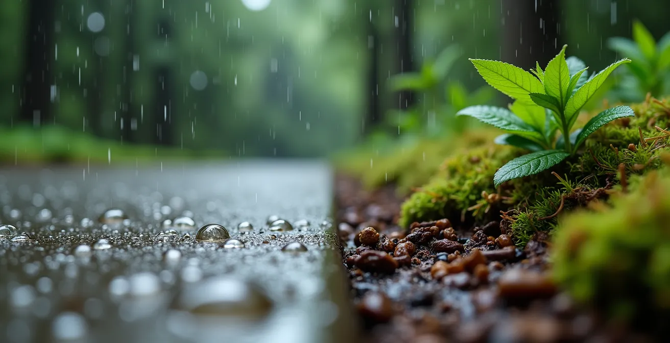 Split-screen comparison of water behavior on concrete versus forest floor during rainfall