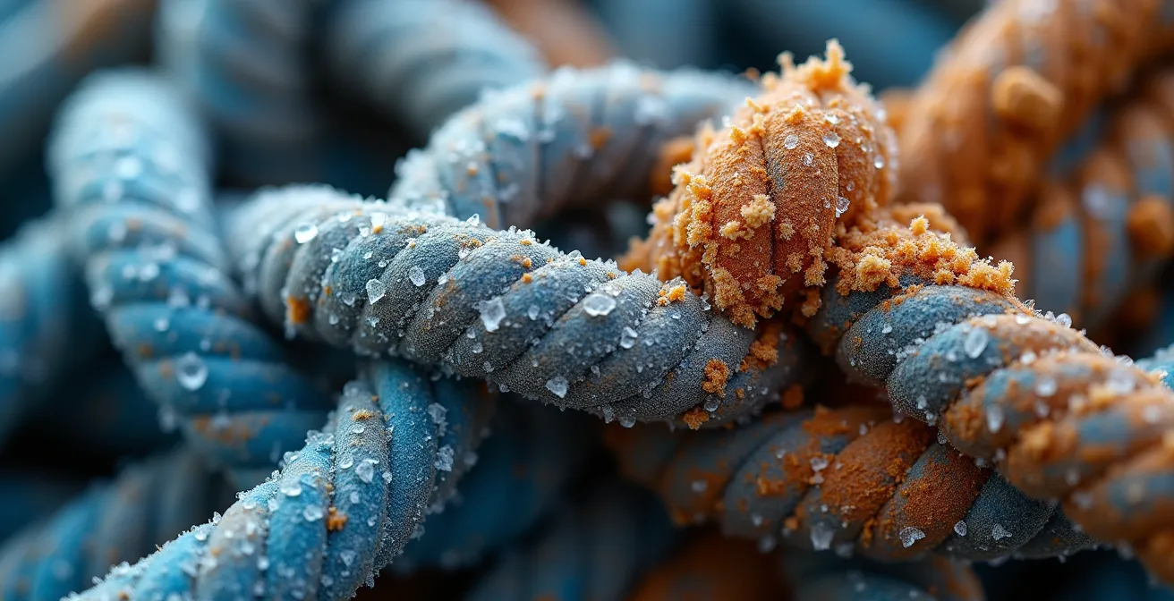 Macro shot of interconnected supply chain network showing weather impacts at multiple nodes simultaneously