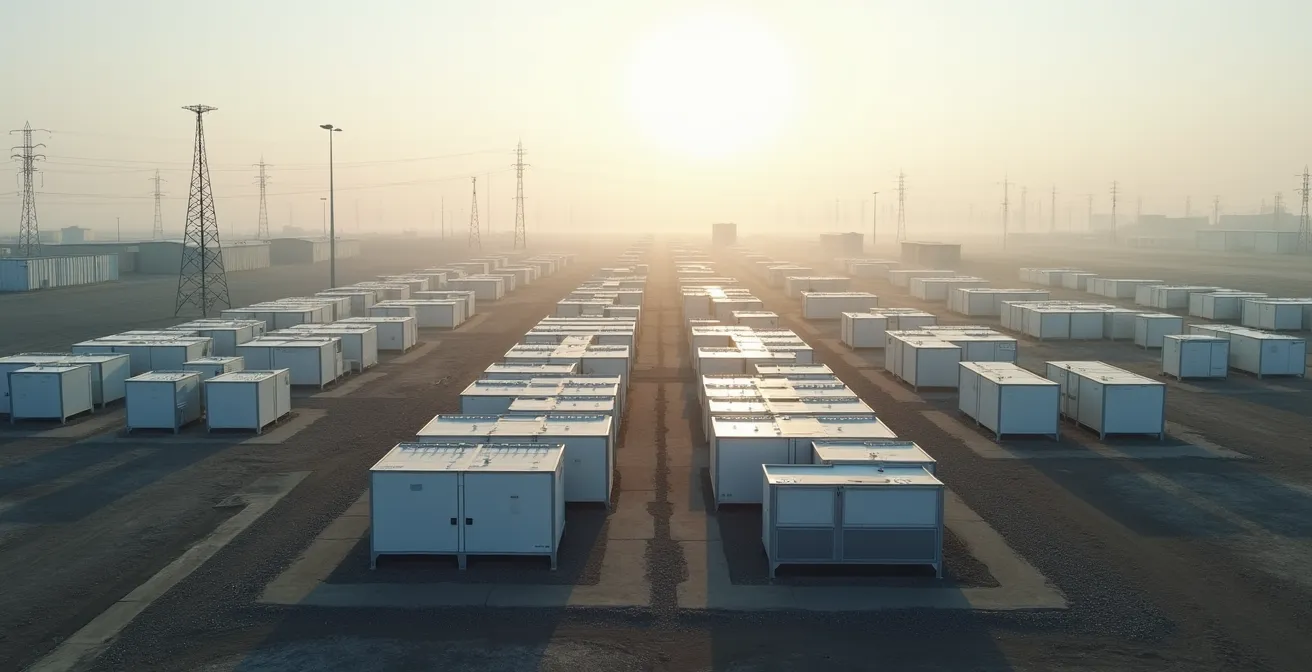 Wide aerial view of former industrial site being converted to modern battery storage facility