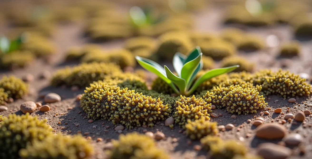Macro view of soil restoration techniques showing biocrust formation and moisture retention structures