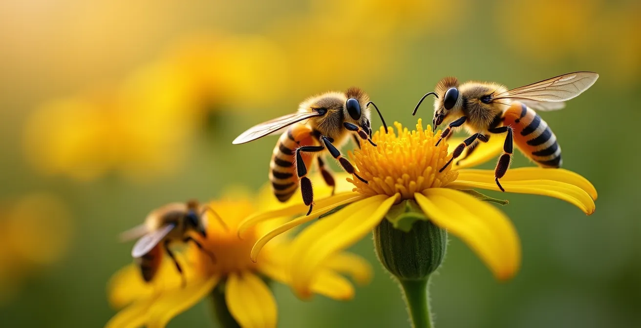 Multiple pollinator species visiting crop flowers in agricultural landscape