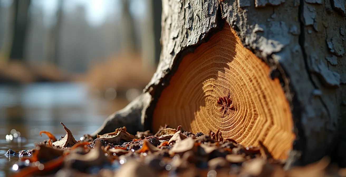 Macro close-up of beaver-gnawed tree trunk showing characteristic tooth marks and wood chips