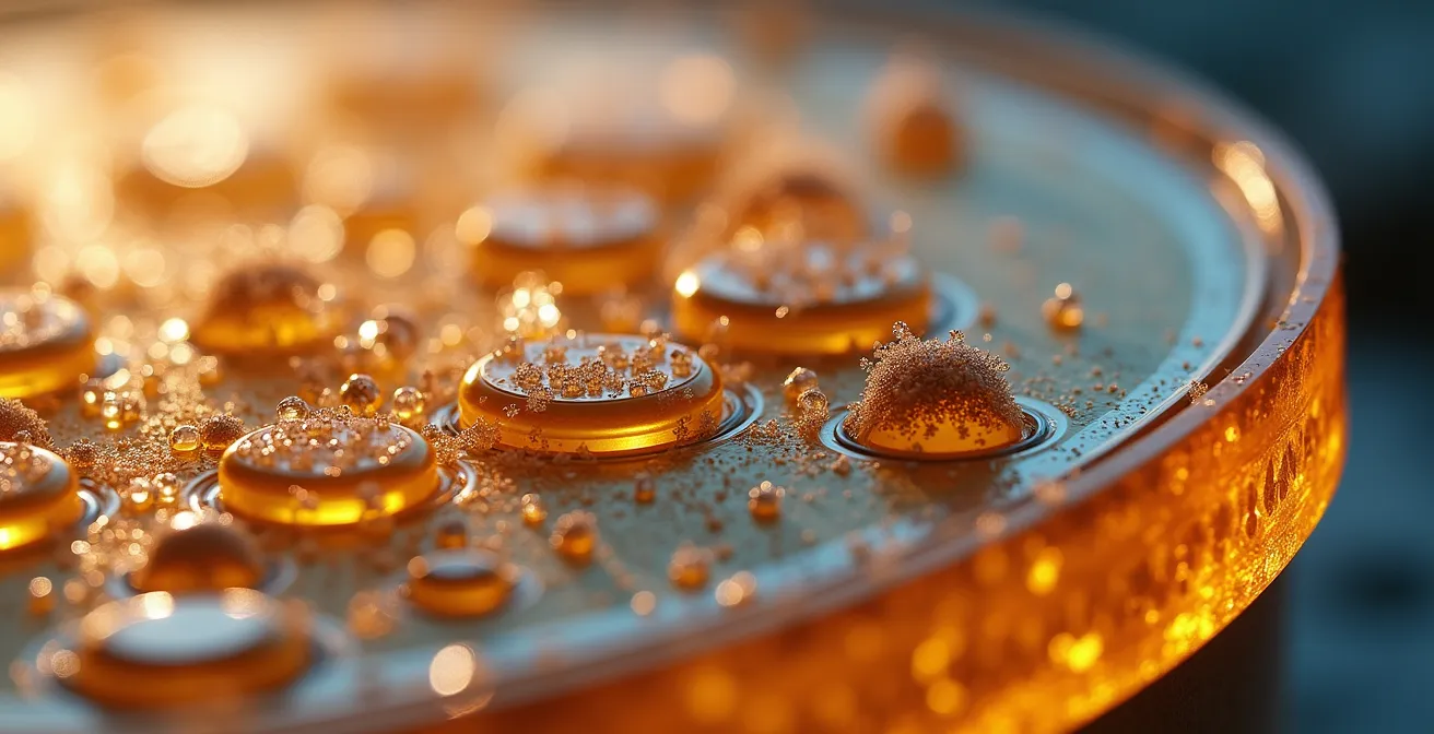 Macro view of enzymatic breakdown process on battery components showing plastic separators dissolving at molecular level