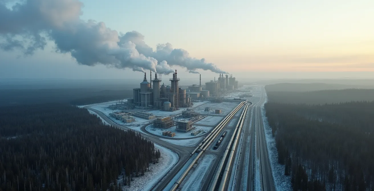 Industrial oil sands facility with steam pipes and processing equipment in northern landscape