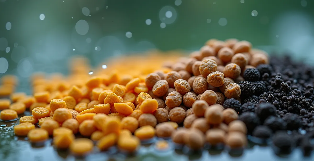 Macro shot of fish feed pellets transitioning into fish tissue showing conversion efficiency