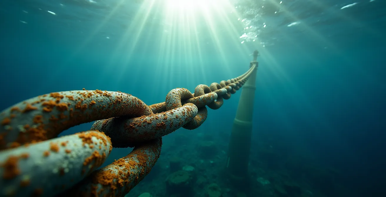 Extreme close-up underwater view of mooring chains and anchoring systems for a floating wind platform