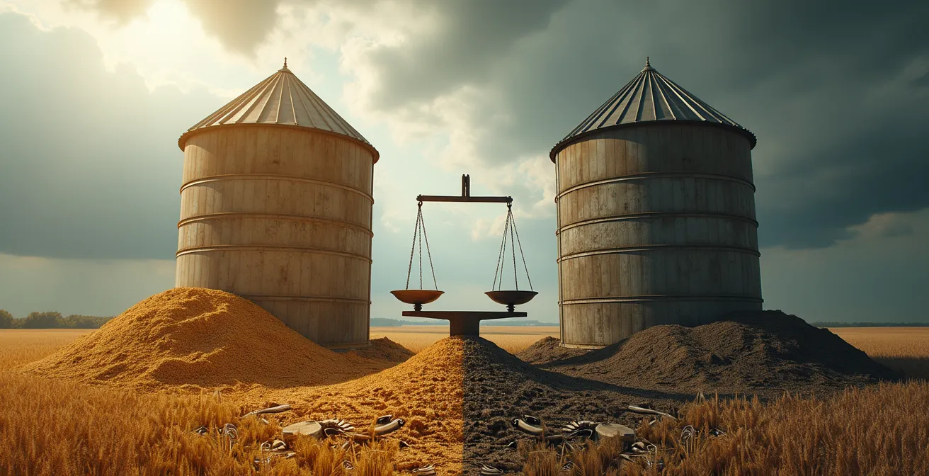 Aerial view of contrasting agricultural landscapes showing drought and flood impacts on different breadbasket regions