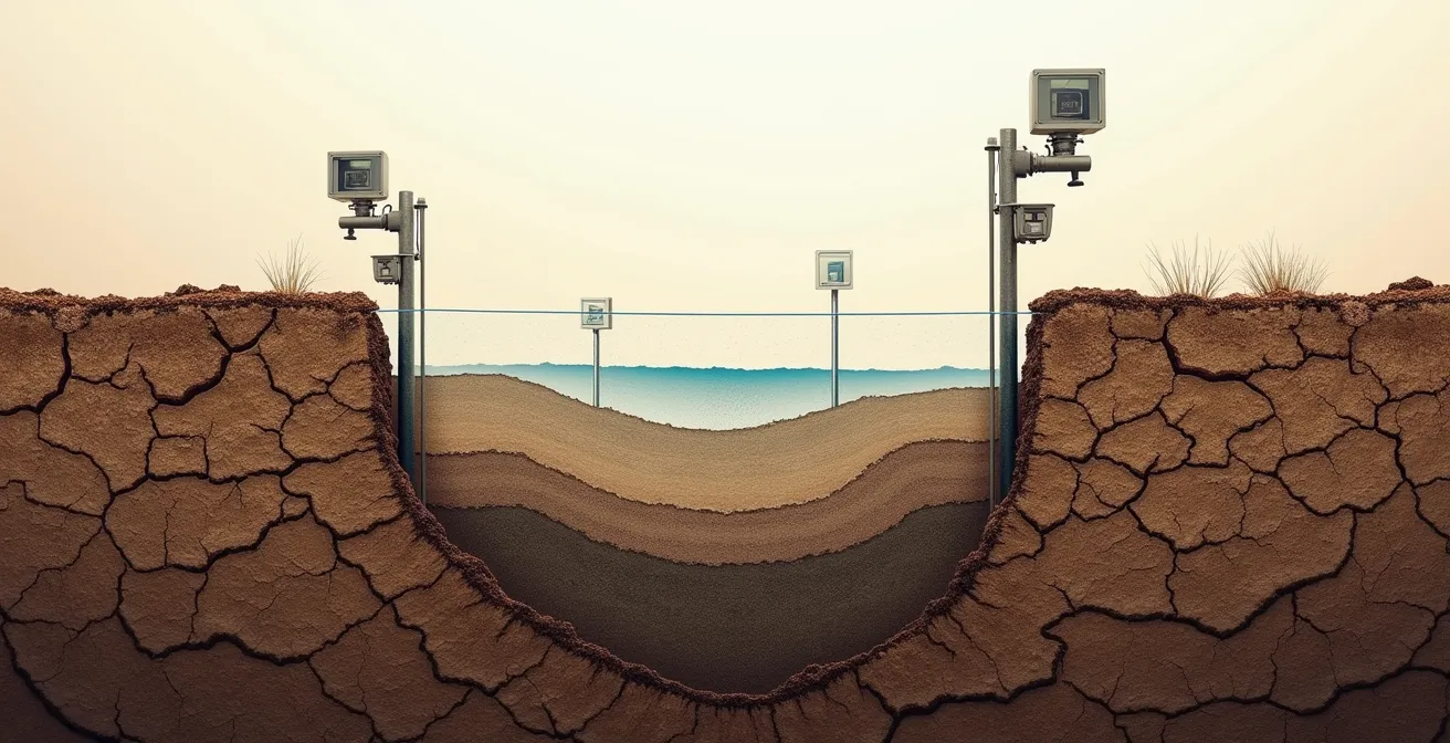 Cross-sectional view of underground water systems showing declining groundwater levels and monitoring equipment