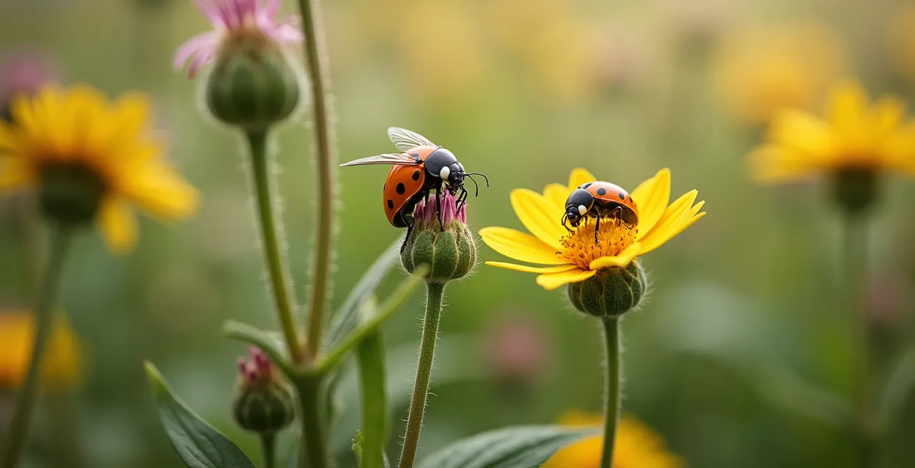Native flowering hedgerow border with diverse plant species attracting beneficial insects