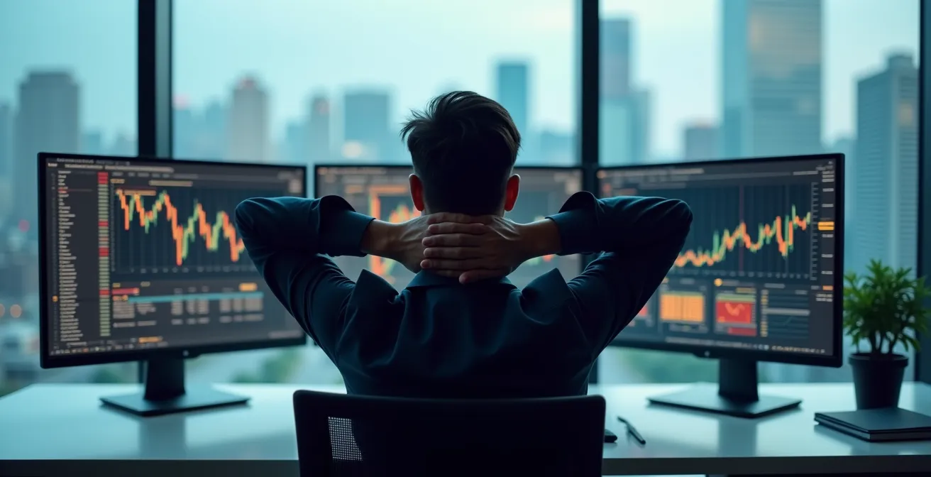 Financial trading floor with multiple screens showing declining oil stock charts and renewable energy investments