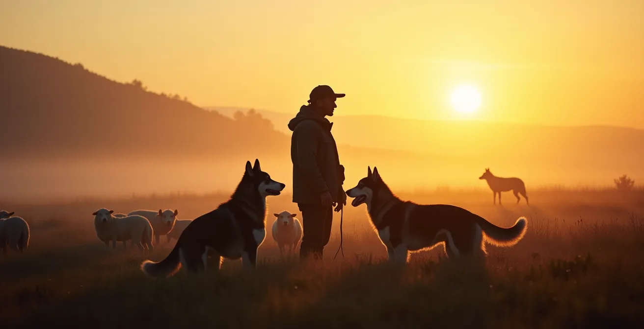 Traditional shepherd with livestock guardian dogs monitoring a flock of sheep at dawn