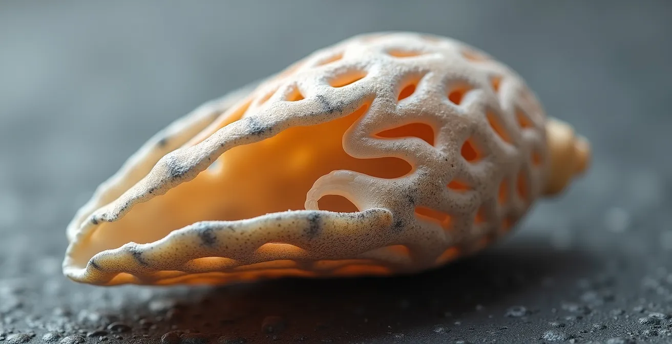Extreme close-up of juvenile mussel shell showing microscopic dissolution patterns and calcium carbonate crystal structures