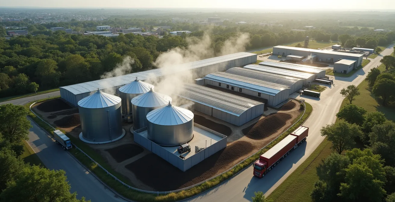 Aerial view of integrated municipal composting facility with multiple processing stages