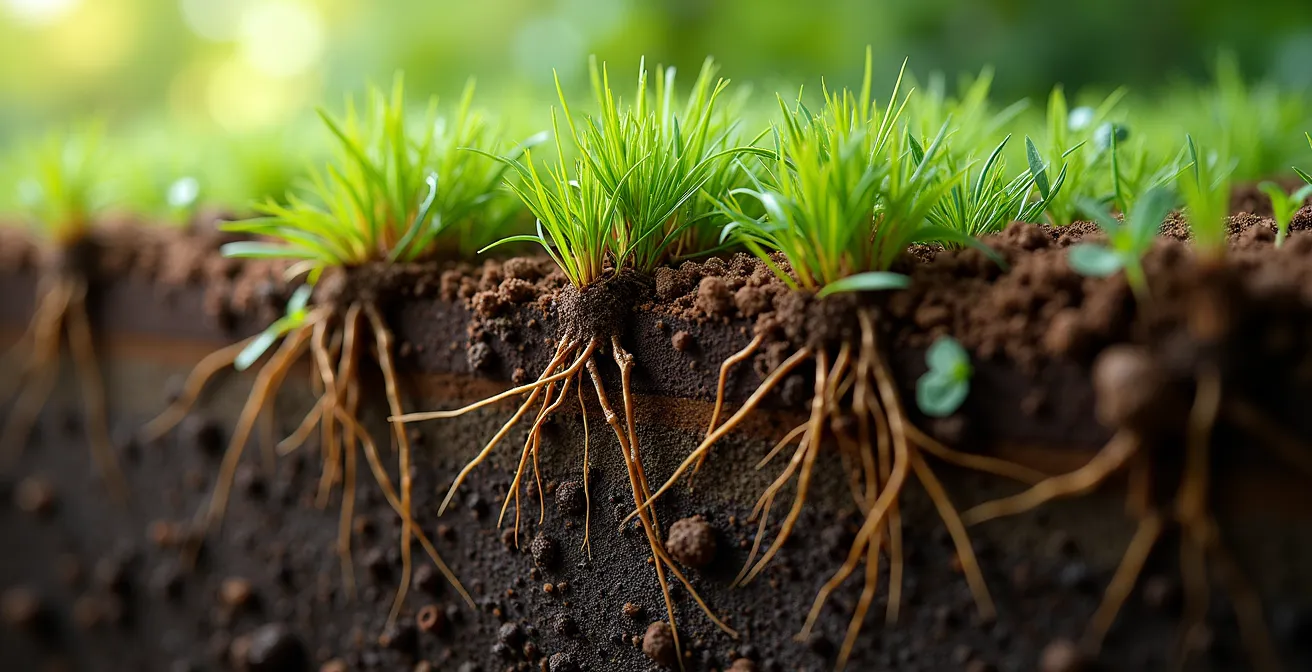 A macro view of intertwined native grass and legume root systems stabilizing soil particles underground
