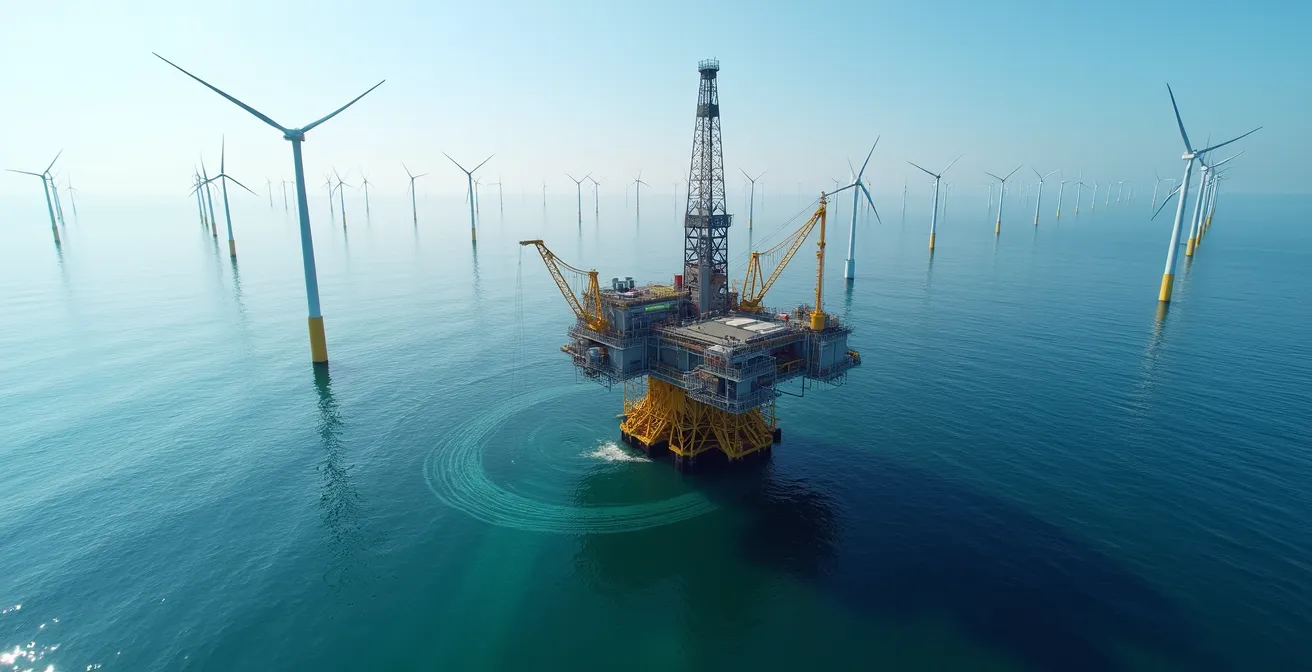 Wide aerial view of an offshore HVDC converter platform connected to a wind farm array