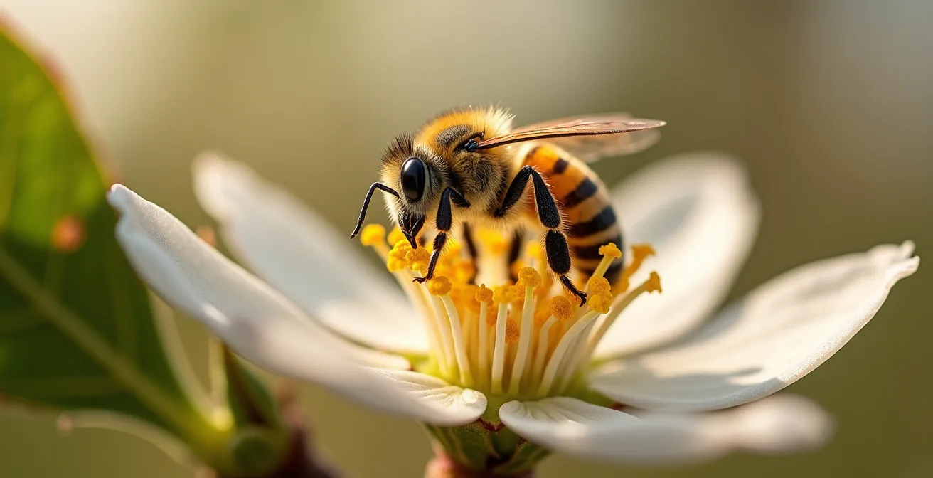 Macro shot of bee on agricultural crop flower showing pollination service value