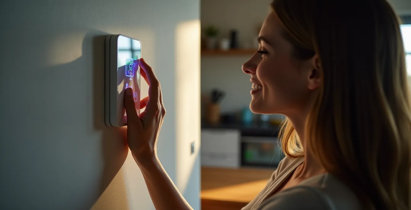 Person interacting with smart home energy display showing immediate consumption feedback