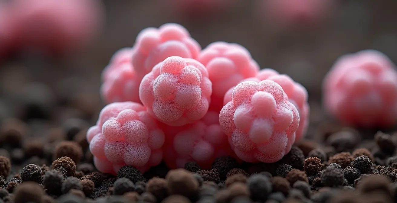 Macro view of legume root nodules showing nitrogen-fixing bacterial colonies