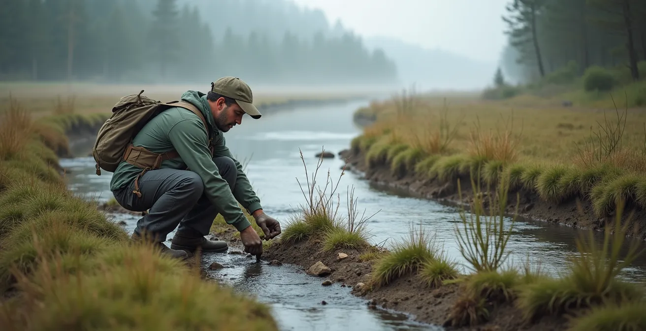 Three-zone buffer system along riverbank showing restoration progression