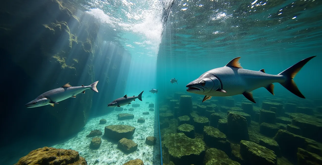 Split underwater view comparing wild salmon in a natural habitat versus farmed salmon in an aquaculture setting