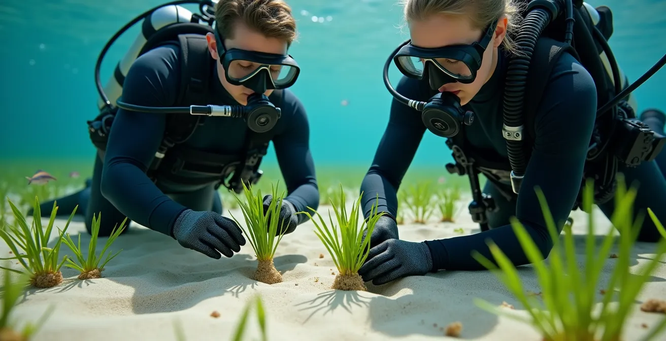Divers planting seagrass shoots in sandy seafloor to restore marine habitat