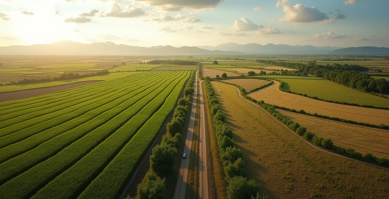Aerial view of sustainable agricultural landscape showing biodiversity integration in supply chains