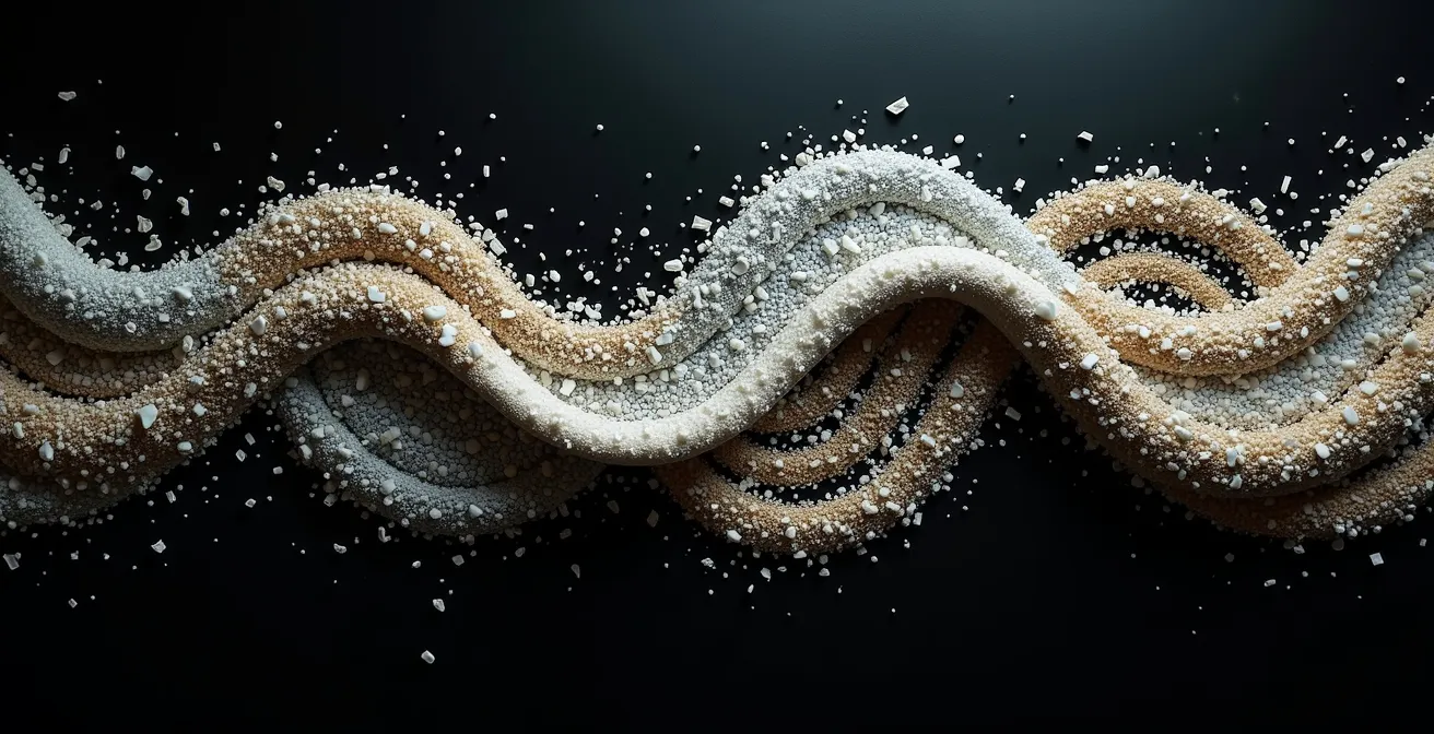 Digital twin visualization of supply chain with material flow tracking, showing materials as a flowing river pattern.