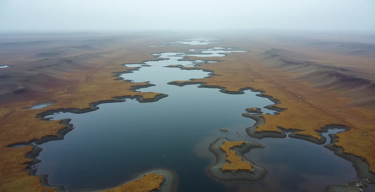 Aerial view showing thermokarst lake expansion and active layer changes in Arctic tundra