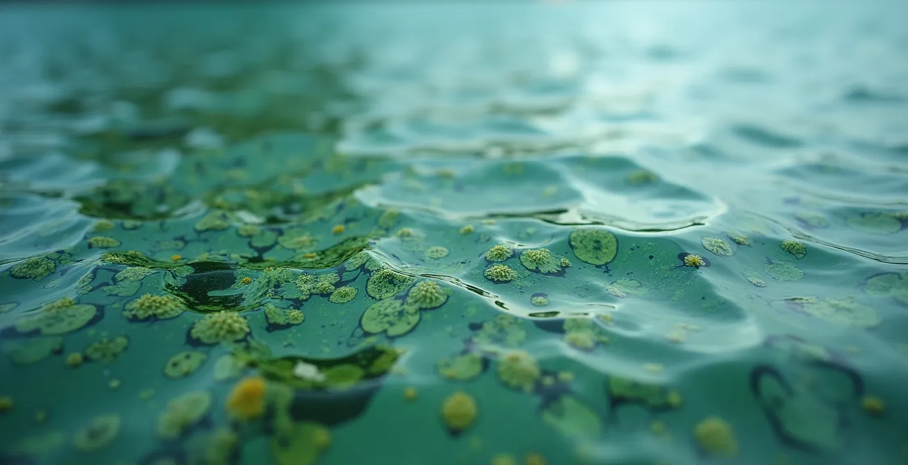 Macro view of blue-green algae bloom showing toxic cyanobacteria formation