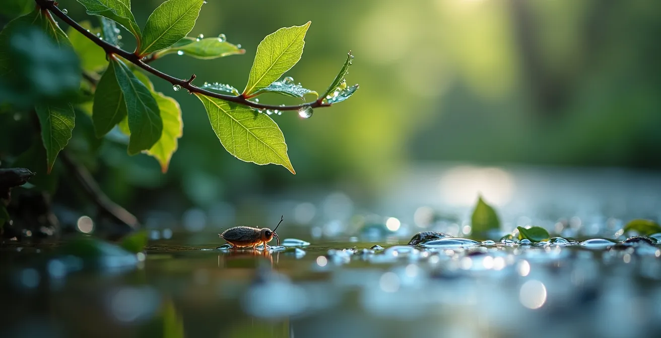 Macro close-up of riverbank vegetation with water droplets, showing ecosystem health
