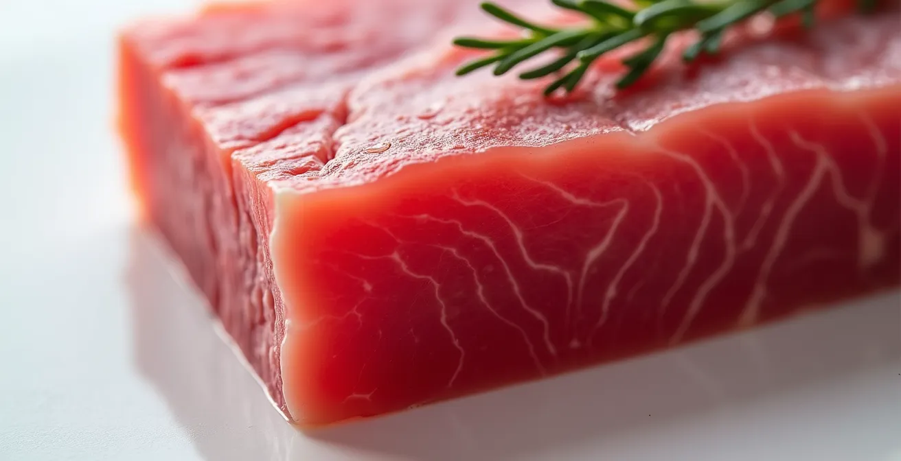 Extreme close-up of tuna flesh texture showing muscle fibers