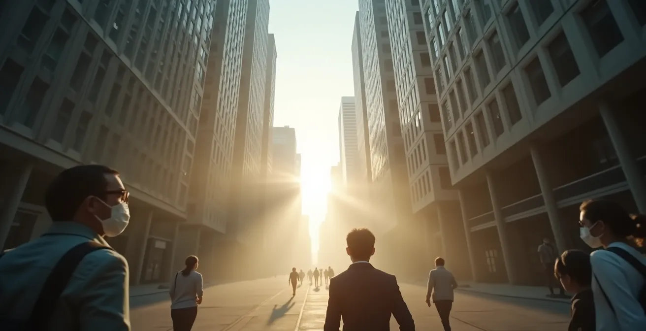 Cross-section view of a street canyon showing an air circulation vortex trapping pollution near the ground