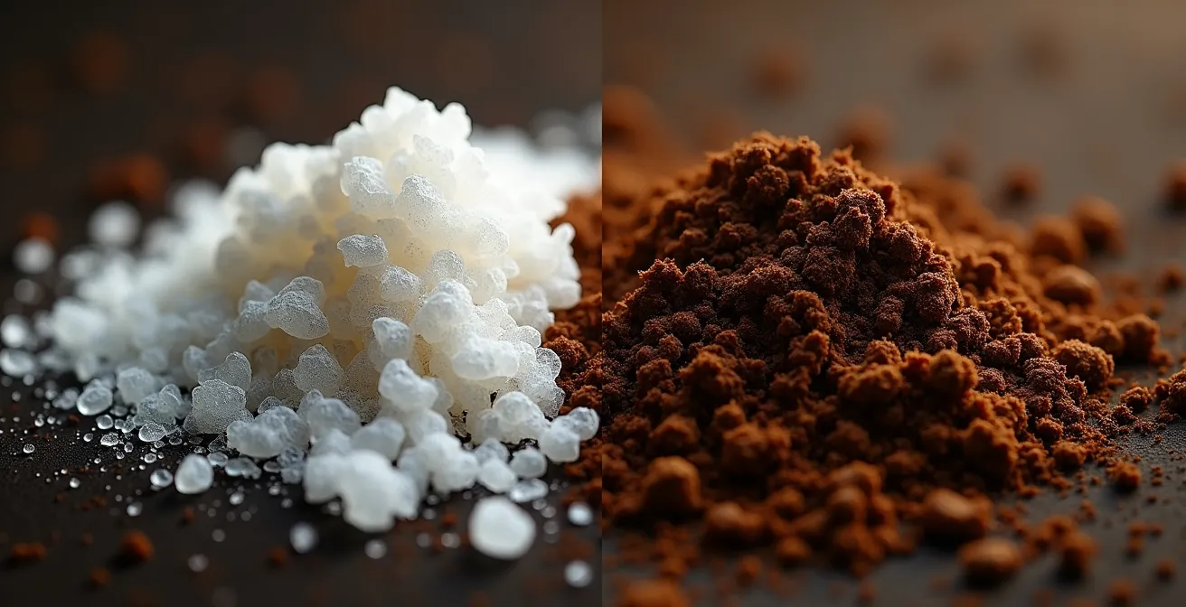 Split-screen microscopic view comparing urea crystals and organic compost structure in soil