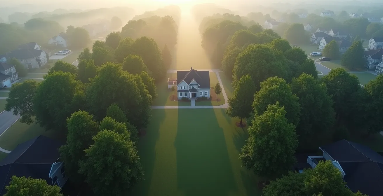 Aerial view showing strategic tree placement creating a wind funnel toward house windows