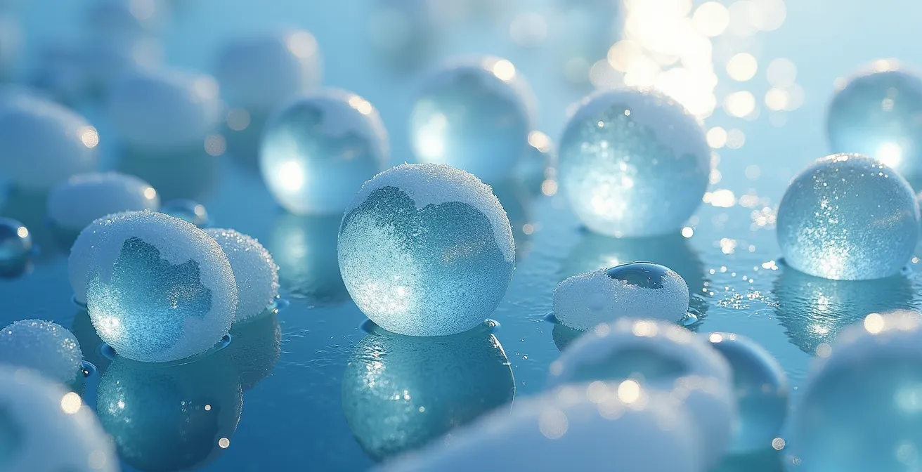 Extreme close-up of methane bubbles trapped in frozen lake ice showing anaerobic conditions