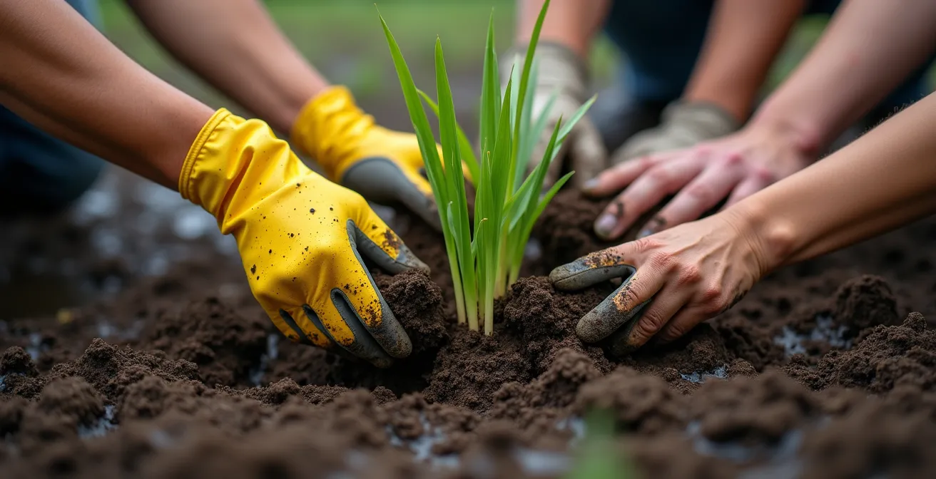 Close-up of multiple hands planting native wetland vegetation together