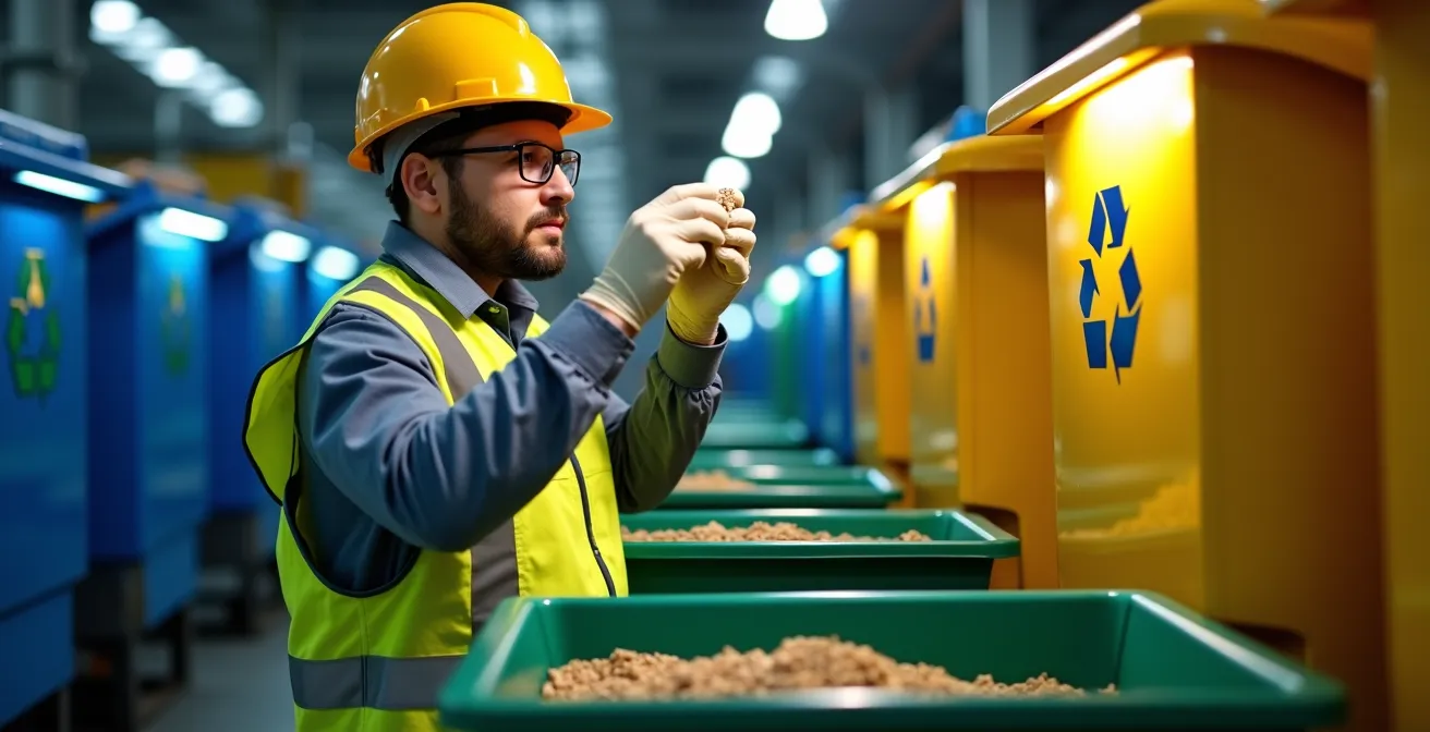 Factory worker examining materials at a sorting station with color-coded bins in the background