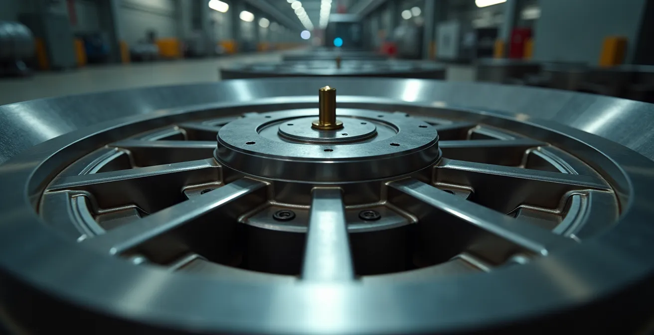 High-tech flywheel energy storage system in industrial facility, showing the massive rotor and vacuum chamber.