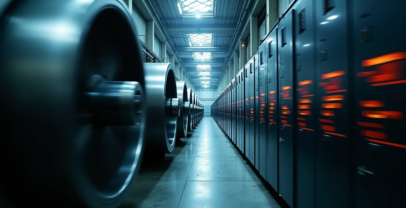 Split view showing a massive power plant turbine in motion blur on the left and static, modern power inverter systems with glowing LEDs on the right.