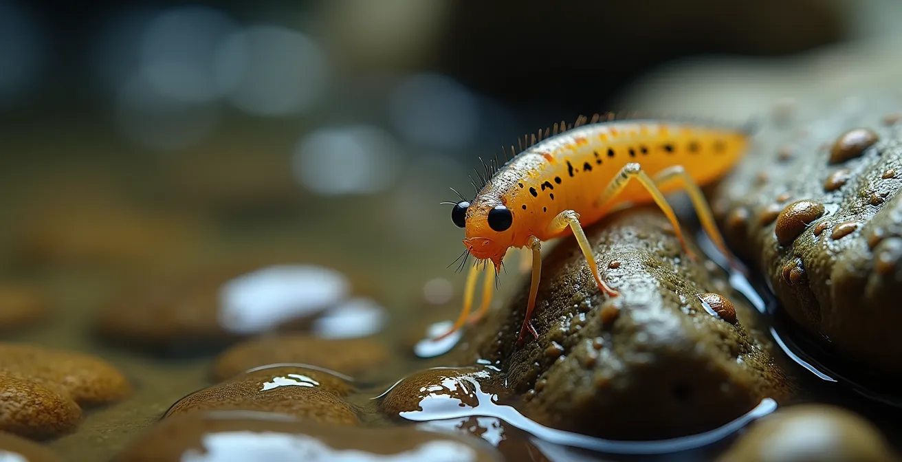 Extreme close-up of aquatic macroinvertebrates on stream rocks showing water quality indicators