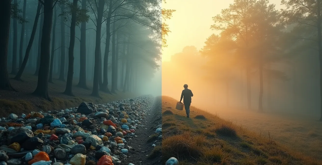 Split composition showing individual recycling actions versus global carbon cycle systems