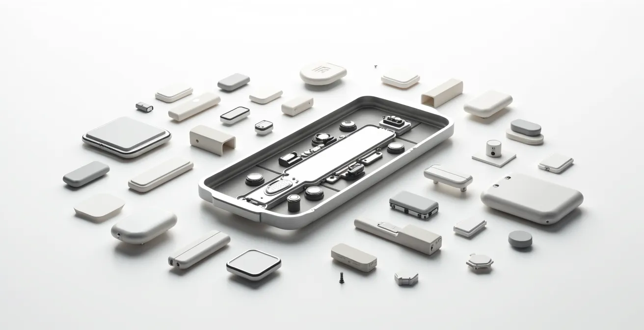 Exploded view of modular product design showing durable frame with replaceable components