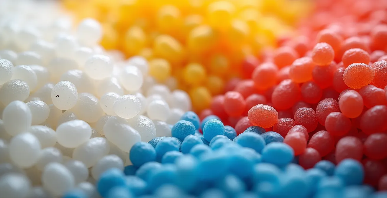 Macro photograph showing virgin and recycled plastic pellet blend with visible texture differences