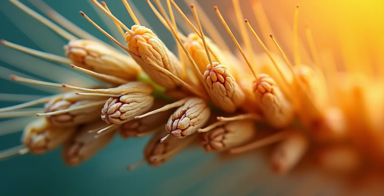 Microscopic view of heat-stressed pollen grains showing structural damage